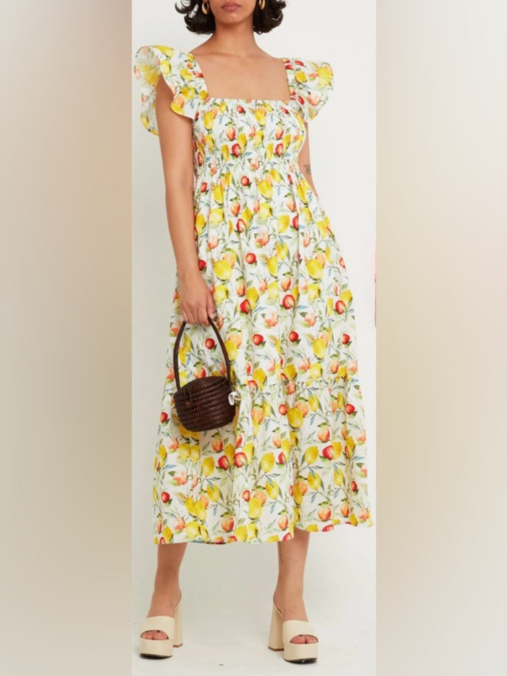 O.P.T 100% Cotton Lemon Print Citrus Midi Dress Tiered Skirt Ruffle Sleeves XL